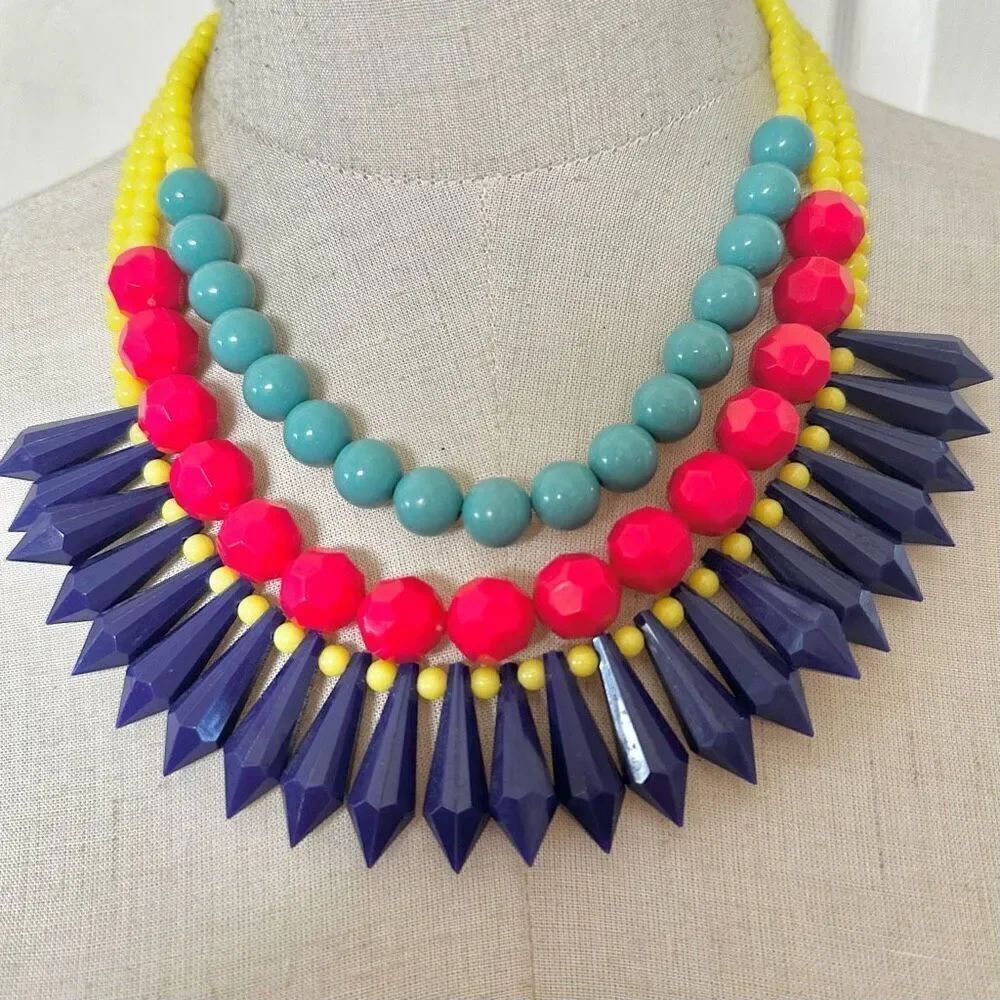 Yellow beaded red and green and blue statement necklace